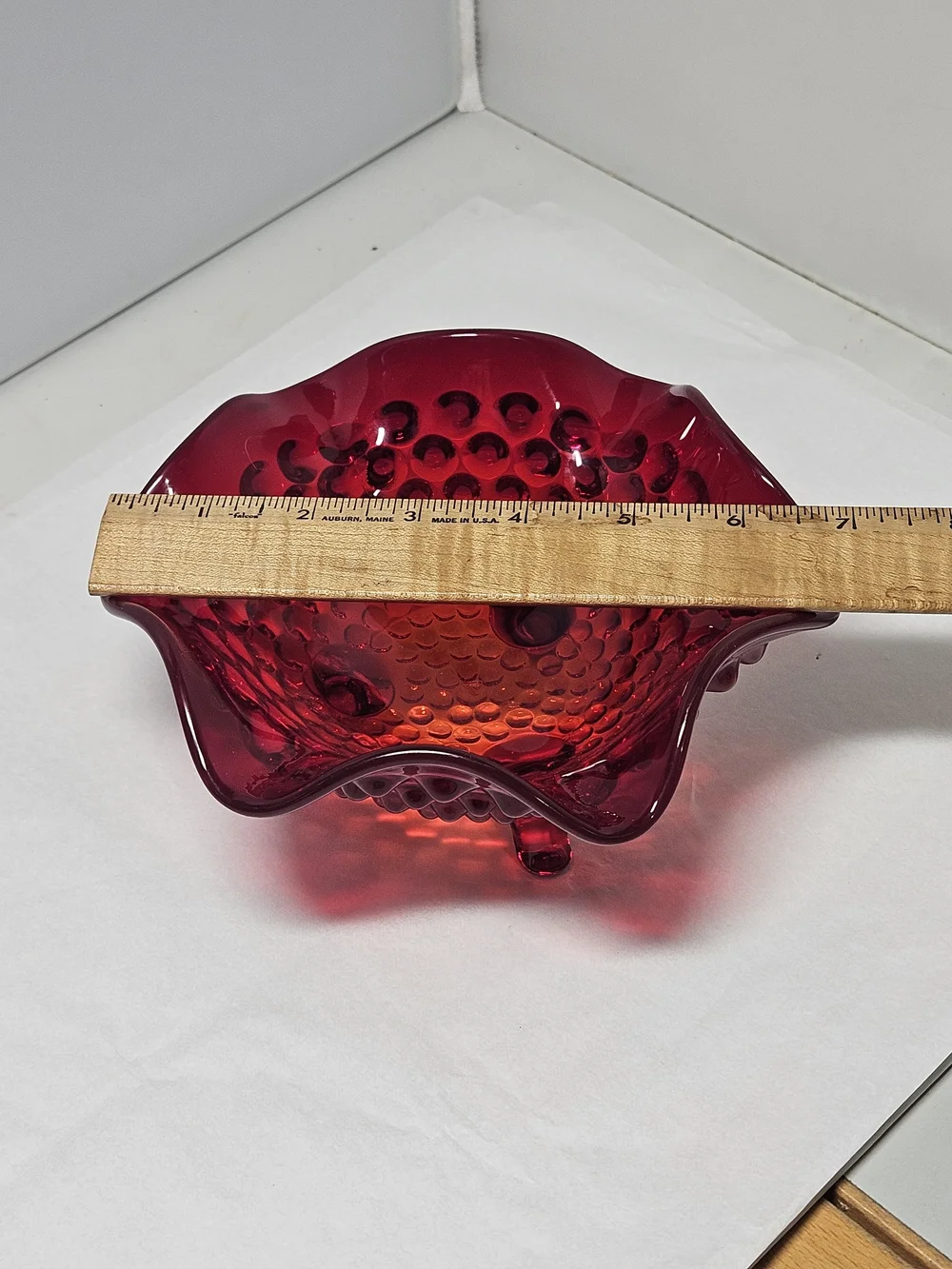 Vintage Viking Art Glass Ruby  Red Hobnail Ruffled Edge  Decorative Bowl Dish